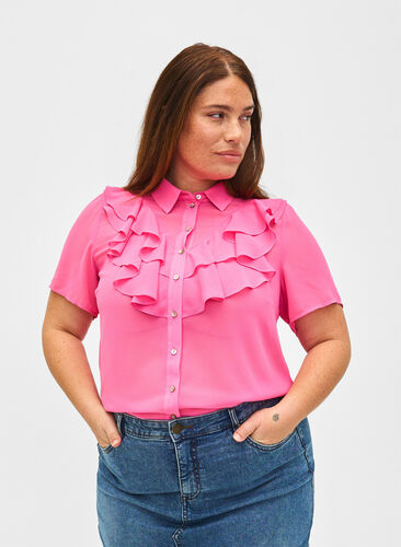Zizzi Bluzka koszulowa z krótkim rekawem i falbanami, Pink Power, Model image number 0