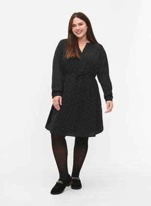 Zizzi Wzorzysta sukienka ze sznurkiem w pasie, Black Dot, Model image number 2