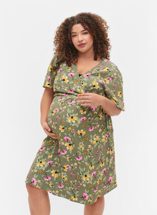 Zizzi Kopertowa sukienka ciazowa z wiskozy, Green Flower Print, Model image number 0