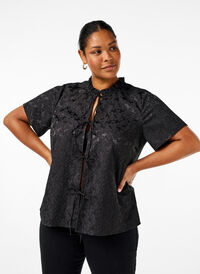 Zakardowa bluzka z krótkim rekawem i wiazaniami, Black, Model