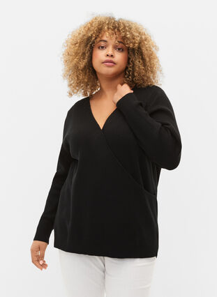 Zizzi Dzianinowy sweter z koperta, Black, Model image number 0