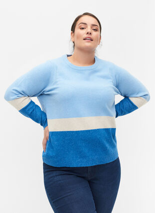 Zizzi Striped knitted jumper with round neckline, Skydiver Comb, Model image number 0