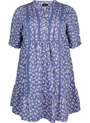 Krótka, trapezowa sukienka z wiskozy z koronkowym wykonczeniem, M. Blue Flower AOP, Packshot image number 0