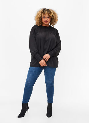 Zizzi Long-sleeved blouse with smocking, Black, Model image number 2