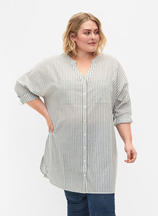 Zizzi Striped tunic with v neck and buttons, Balsam Green Stripe, Model image number 0