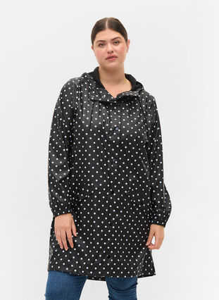 Zizzi Hooded polka dot rain jacket, Black W/White Dot, Model image number 0