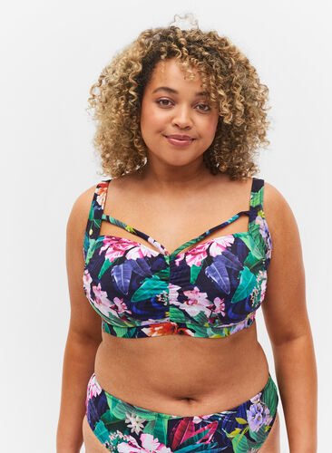 Zizzi Góra od bikini z marszczeniami i tasiemkami, Flower Print, Model image number 0