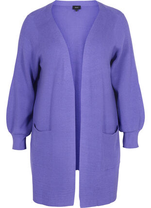 Zizzi Long knitted cardigan with balloon sleeves, Purple Opulence, Packshot image number 0