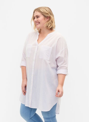 Zizzi Striped tunic with v neck and buttons, Lavender Stripe, Model image number 0