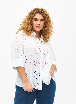 Zizzi Bluzka koszulowa z haftem angielskim i rekawem 3/4, Bright White, Model image number 0