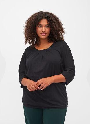 Zizzi Bawelniany top z rekawami 3/4, Black, Model image number 0