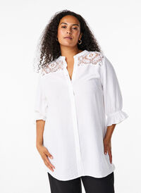 Dluga koszula z wiskozy z koronkowymi detalami, Bright White, Model