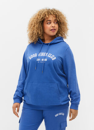 Zizzi Sweatshirt with text print and hood, Dazzling Blue, Model image number 0