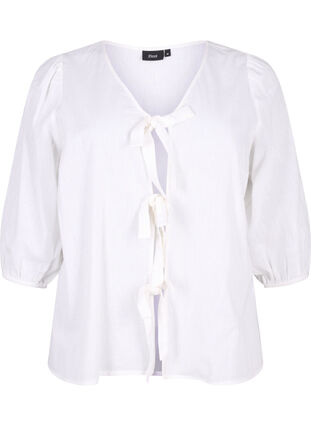 Zizzi Bawelniana bluzka z rekawem 3/4, uszyta z mieszanki bawelny z lnem, Bright White, Packshot image number 0