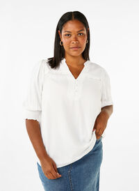 Wiskozowa bluzka z marszczeniem i falbanka, Bright White, Model