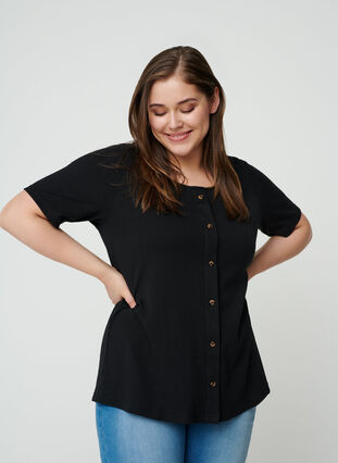 Zizzi Short-sleeved T-shirt with buttons, Black, Model image number 0