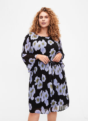 Zizzi Wzorzysta plisowana sukienka z wiazaniem w pasie, Black w. Floral, Model image number 0