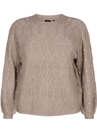 Zizzi Dzianinowy sweter ze wzorem i z perlami, Desert Taupe Mel., Packshot image number 0