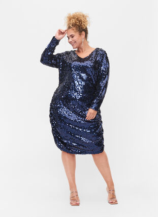 Zizzi Dress with sequins and v-neckline, Evening Blue, Model image number 2