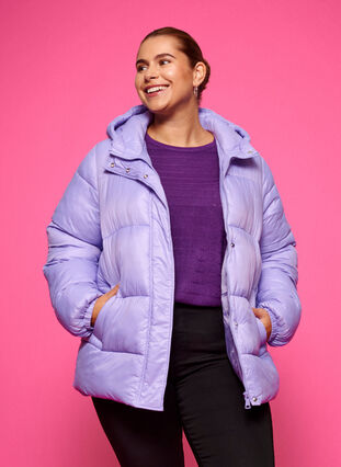 Zizzi Short puffer jacket with hood, Lavender, Model image number 0