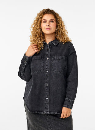 Zizzi Dzinsowa koszula z guzikami i kieszeniami na piersi, Dark Grey Denim, Model image number 0