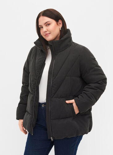 Zizzi Short winter jacket with zip and high collar, Black, Model image number 0