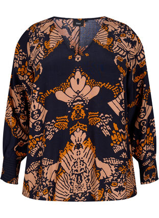 Zizzi Printed viscose blouse with long sleeves and smocking, Night Sky Art AOP, Packshot image number 0