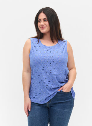 Zizzi Top with broderie anglaise, Wedgewood, Model image number 0