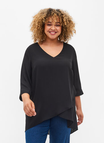 Zizzi Top with 3/4 sleeves and v-neckline, Black, Model image number 0