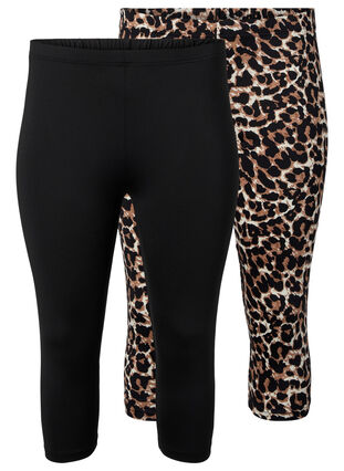 Zizzi 	 2-pack legginsy 3/4, Black / LEO AOP, Packshot image number 0