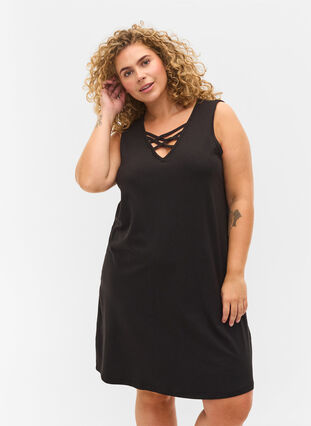 Zizzi Sleeveless night dress with v-neck and cord detail  , Black, Model image number 0