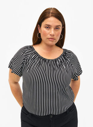 Zizzi Wiskozowa bluzka w paski z krótkimi rekawami, Black/ White Stripe, Model image number 0