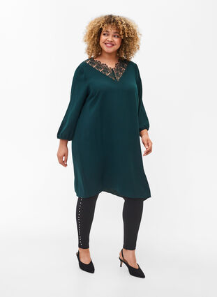 Zizzi Dress with lace and 3/4 length sleeves, Scarab, Model image number 2