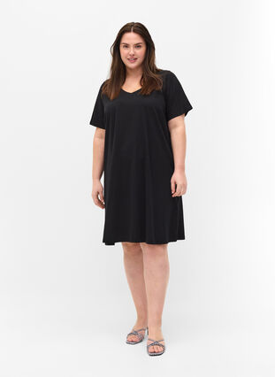 Zizzi Short-sleeved cotton dress with a-shape, Black, Model image number 2