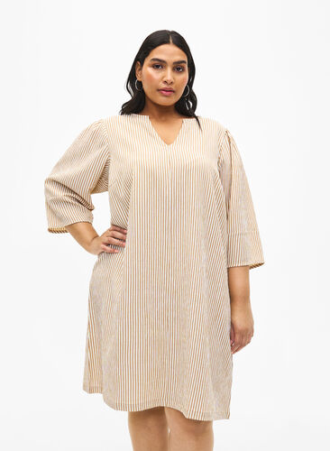 Zizzi Pasiasta sukienka z rekawem 3/4, Camel Stripe, Model image number 0