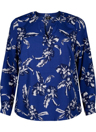 Zizzi Flash – bluzka z dlugim rekawem i nadrukiem, Navy Blazer Flower, Packshot image number 0