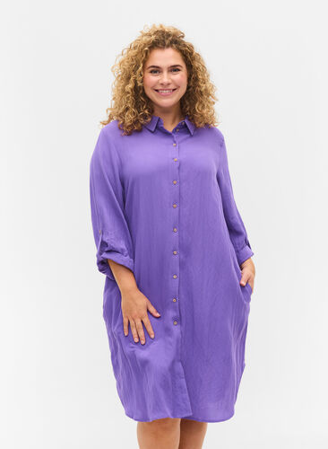 Zizzi Long solid-coloured viscose shirt with 3/4 sleeves, Passion Flower, Model image number 0