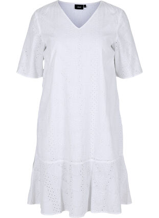 Zizzi Short-sleeved cotton dress with broderie anglaise, Bright White, Packshot image number 0