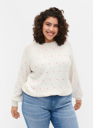 Zizzi Knitted jumper with embroidery details, Birch w. Hearts, Model image number 0