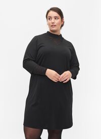 Gladka sukienka z dekoltem w szpic i rekawami 3/4, Black, Model
