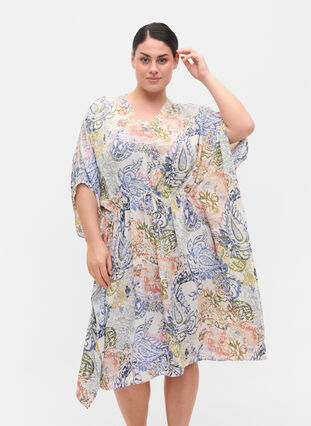 Zizzi Printed viscose dress with drawstring, White Paisley AOP, Model image number 0