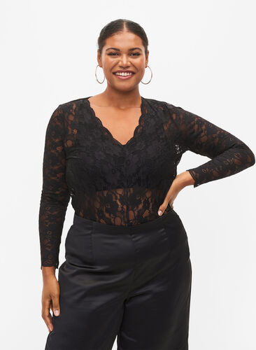 Zizzi Lace body with long sleeves, Black, Model image number 0