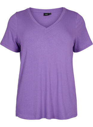 Zizzi Prazkowany t-shirt z wiskozy z dekoltem w szpic, Deep Lavender, Packshot image number 0