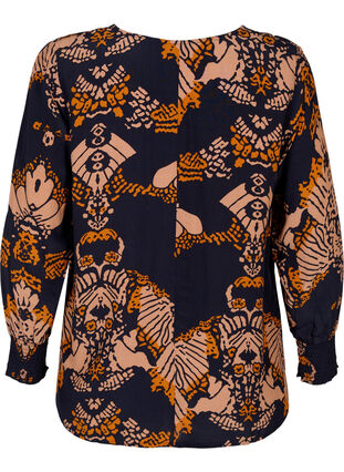 Zizzi Printed viscose blouse with long sleeves and smocking, Night Sky Art AOP, Packshot image number 1