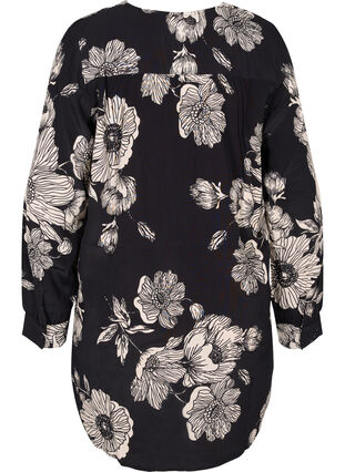 Zizzi Long floral viscose shirt, Black White AOP, Packshot image number 1