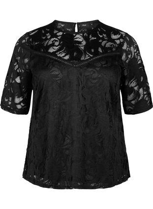 Zizzi Koronkowa bluzka z krótkimi rekawami, Black, Packshot image number 0