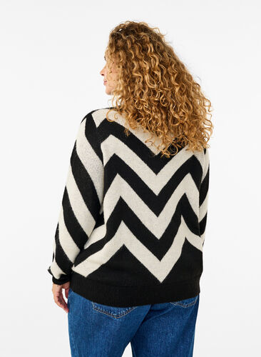 Zizzi Dzianinowy sweter z golfem i suwakiem, Black Birch Stripe, Model image number 1