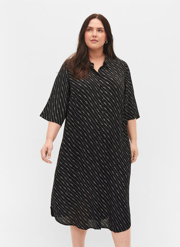 Zizzi Striped shirt dress in viscose, Black AOP, Model image number 0