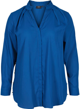 Zizzi Long sleeve shirt with ruffle collar, Estate Blue, Packshot image number 0