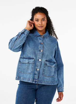 Zizzi Dzinsowa kurtka koszulowa z kieszeniami, Blue Denim, Model image number 0